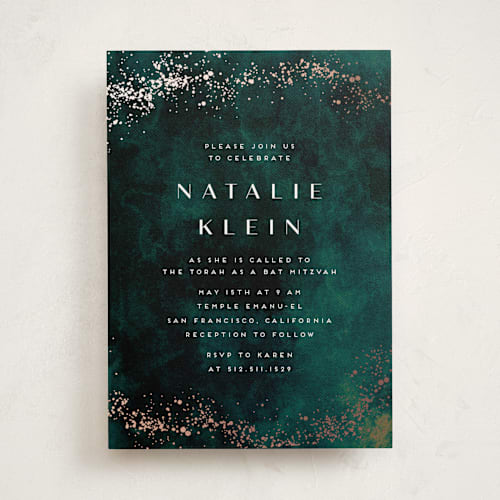 This is a emerald bar mitzvah bat mitzvah invitations with foil pressed by chocomocacino called oponki printing on signature in standard