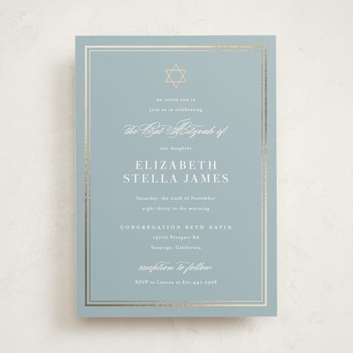This is a powder blue bar mitzvah bat mitzvah invitations with foil pressed by Jennifer Postorino called polished printing on signature in standard