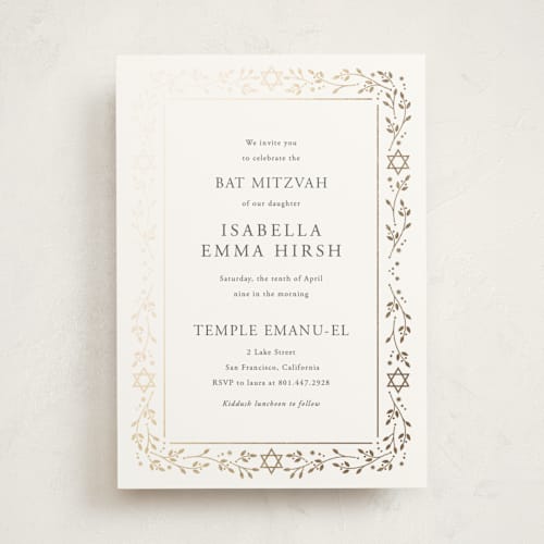 This is a snow bar mitzvah bat mitzvah invitations with foil pressed by Ana de Sousa called hanukkah star printing on signature in standard