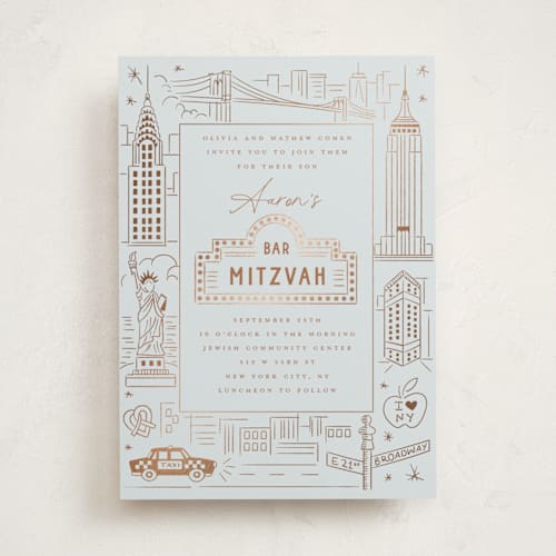 This is a sky bar mitzvah bat mitzvah invitations with foil pressed by Teju Reval called gilded nyc printing on signature in standard