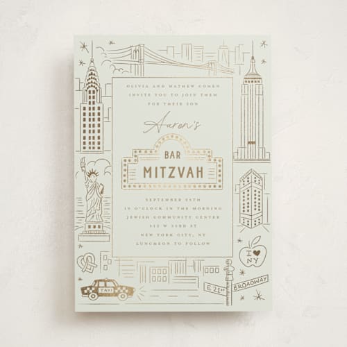 This is a forest bar mitzvah bat mitzvah invitations with foil pressed by Teju Reval called gilded nyc printing on signature in standard