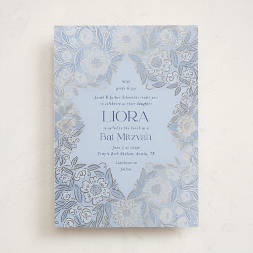 This is a sky bar mitzvah bat mitzvah invitations with foil pressed by Simona Camp called blooming mitzvah printing on signature in standard