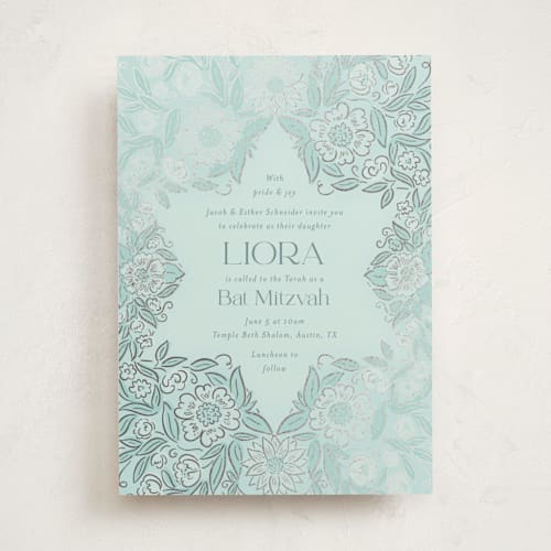 This is a mint bar mitzvah bat mitzvah invitations with foil pressed by Simona Camp called blooming mitzvah printing on signature in standard