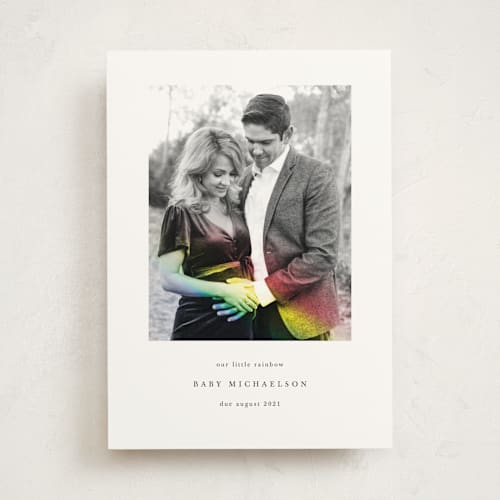 This is a rainbow pregnancy announcements with standard by Maria Hilas-Louie called rainbow light printing on signature in standard