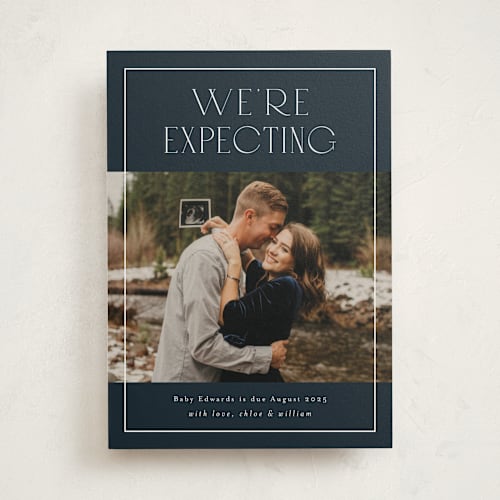 This is a navy pregnancy announcements with standard by Stacey Meacham called eternity printing on signature in standard