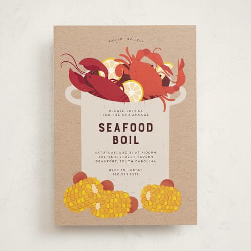 This is a kraft party invitations with standard by Rebecca Smith called seafood boil printing on signature in standard