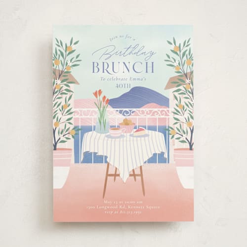 This is a clear blue party invitations with standard by Sabrin Deirani called relax birthday brunch printing on signature in standard