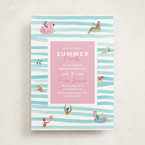 This is a pool party invitations with standard by Elly called summer party printing on signature in standard