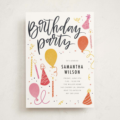 This is a cake party invitations with standard by Stephanie Hawkes called birthday script printing on signature in standard