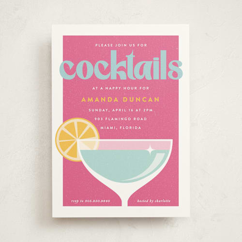 This is a flamingo party invitations with standard by Maria Alou called modern cocktails printing on signature in standard
