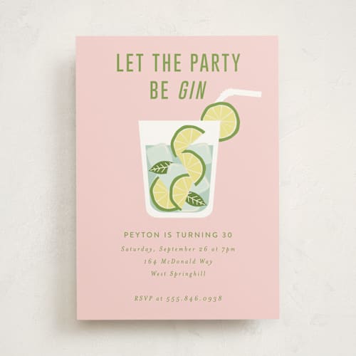This is a pink gin party invitations with standard by Kampai Designs called be gin printing on signature in standard