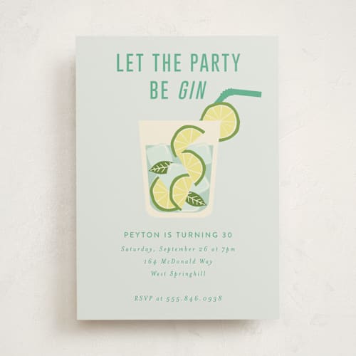 This is a blue fizz party invitations with standard by Kampai Designs called be gin printing on signature in standard