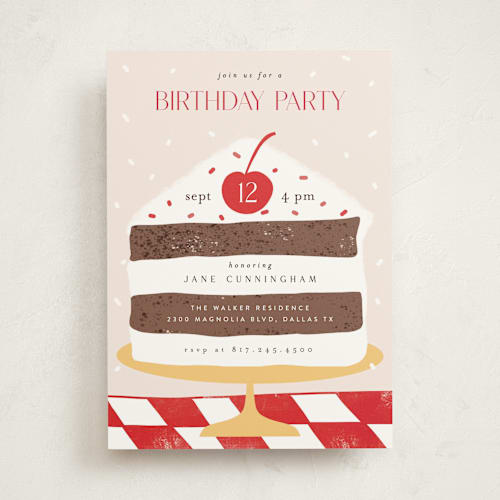 This is a red checker party invitations with standard by Maja Cunningham called birthday cake printing on signature in standard