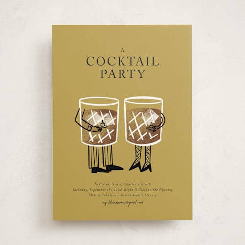This is a golden party invitations with standard by mo kelley called a cocktail party printing on signature in standard