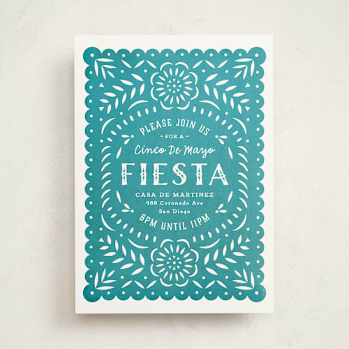 This is a teal party invitations with standard by Hooray Creative called papel picado fiesta printing on signature in standard