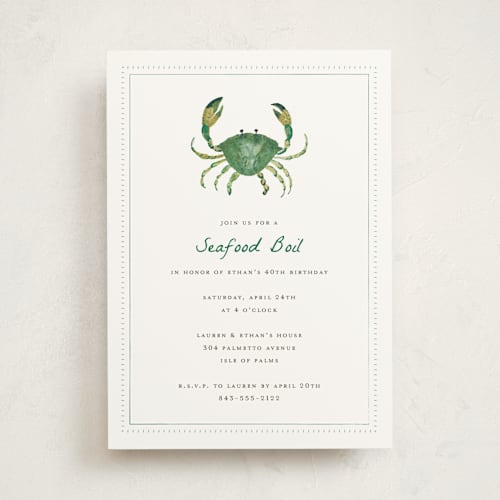 This is a kelp green party invitations with standard by Erika Firm called seafood boil crab printing on signature in standard