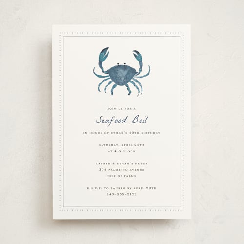 This is a marine blue party invitations with standard by Erika Firm called seafood boil crab printing on signature in standard