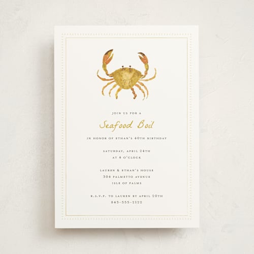 This is a sandy yellow party invitations with standard by Erika Firm called seafood boil crab printing on signature in standard