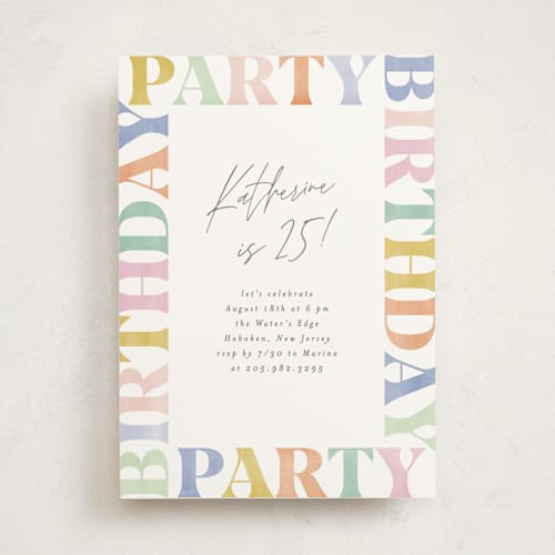This is a rainbow party invitations with standard by Creo Study called birthday party type printing on signature in standard
