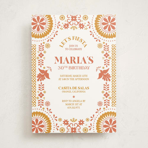 This is a peach party invitations with standard by Eva Tadros called let's fiesta printing on signature in standard