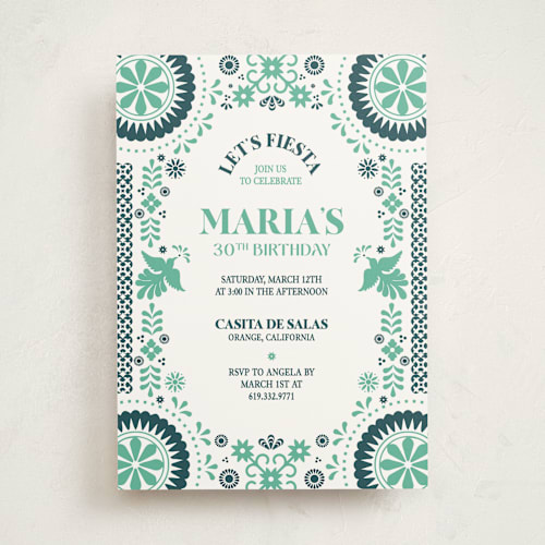 This is a mint party invitations with standard by Eva Tadros called let's fiesta printing on signature in standard
