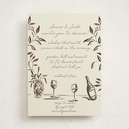 This is a cream party invitations with standard by West Foglia called vine, wine, and dine printing on signature in standard