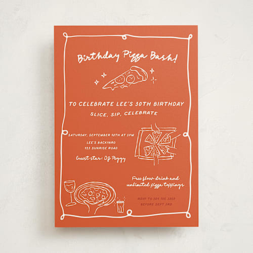 This is a crimson party invitations with standard by Kartika Paramita called pizza birthday bash printing on signature in standard