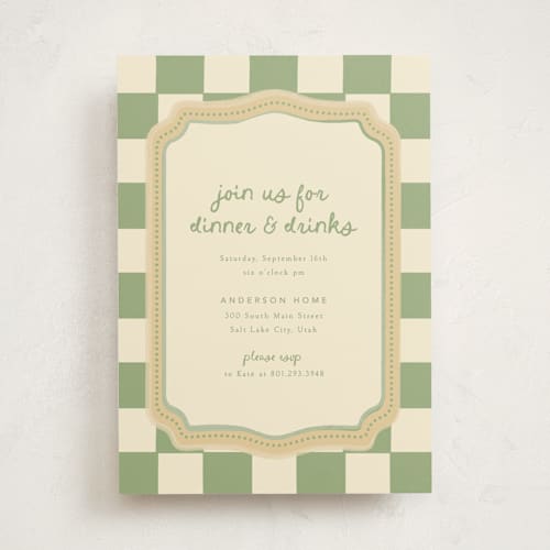 This is a sage party invitations with standard by Robert and Stella called checkered china printing on signature in standard