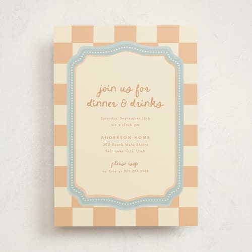 This is a peach party invitations with standard by Robert and Stella called checkered china printing on signature in standard