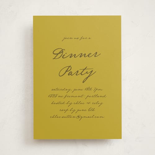 This is a mustard party invitations with standard by Morgan Kendall called handwritten printing on signature in standard