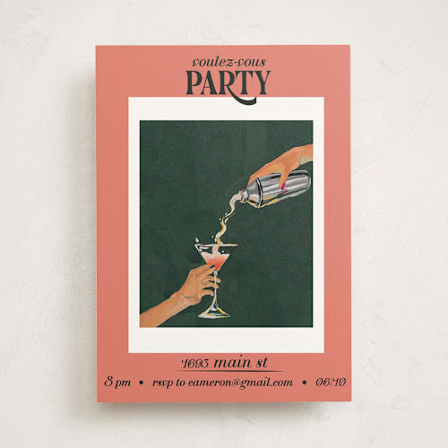 This is a coral party invitations with standard by RM Design Works called voulez-vous pink and green printing on signature in standard