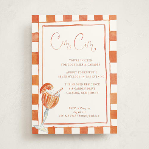 This is a tangerine party invitations with standard by West Foglia called cin cin spritz printing on signature in standard