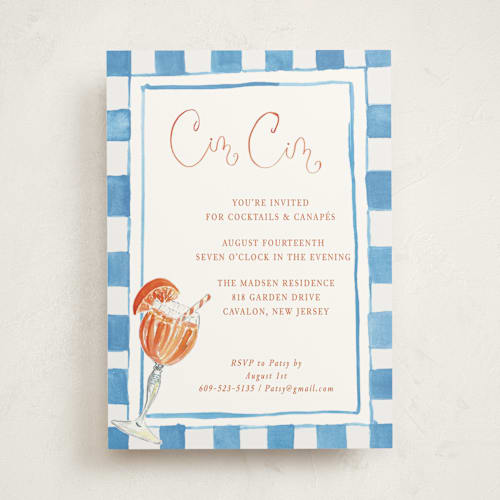 This is a powder blue party invitations with standard by West Foglia called cin cin spritz printing on signature in standard