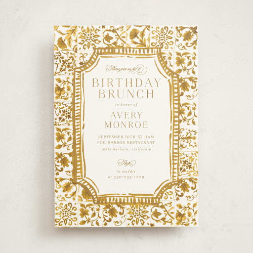 This is a ochre party invitations with standard by Jenna Holcomb called amalfi coast printing on signature in standard