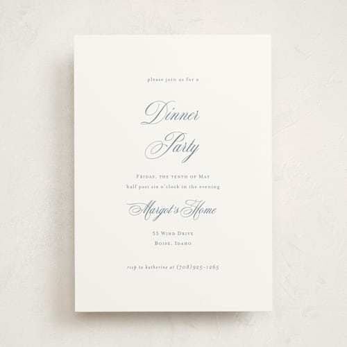 This is a dusty blue party invitations with standard by Jennifer Postorino called empire printing on signature in standard