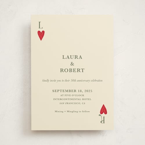 This is a olive party invitations with standard by Helena Vitto called red hearts printing on signature in standard