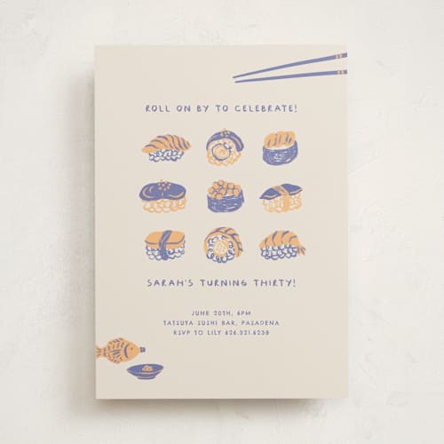 This is a bluefin party invitations with standard by Natalie Rae called sushi roll printing on signature in standard