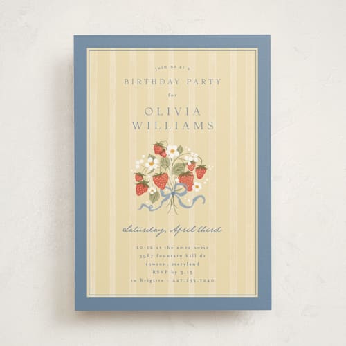 This is a blueberry party invitations with standard by Erin L. Wilson called strawberry sunshine printing on signature in standard