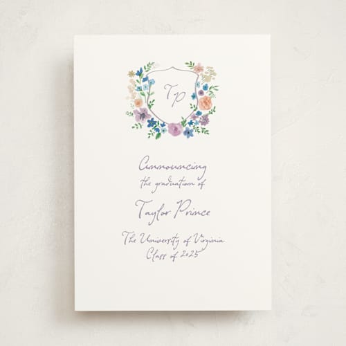 This is a lavender graduation announcements with standard by Cass Loh called wildflowers crest printing on signature in standard