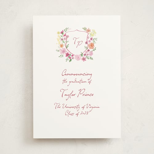 This is a garden rose graduation announcements with standard by Cass Loh called wildflowers crest printing on signature in standard