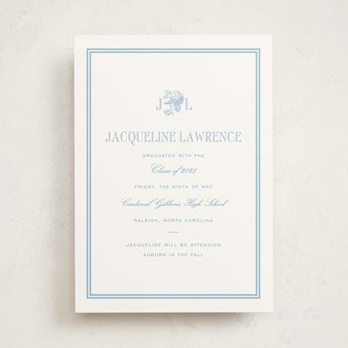 This is a sky blue graduation announcements with standard by Megan Davis called cheseapeake printing on signature in standard