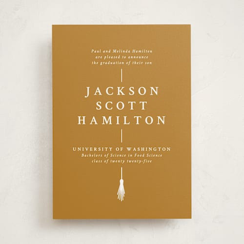 This is a goldenrod graduation announcements with standard by Amy Payne called tassel line printing on signature in standard