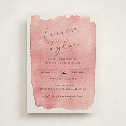 This is a raspberry sweet sixteen birthday party invitations with standard by Kampai Designs called painterly printing on signature in standard