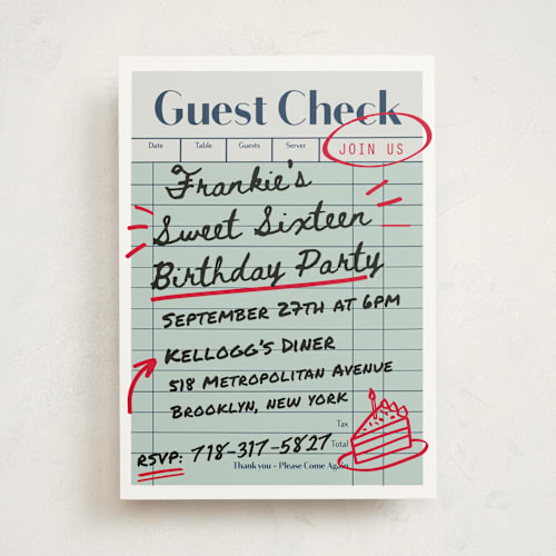 This is a mint sweet sixteen birthday party invitations with standard by Jennifer Lew called guest check printing on signature in standard