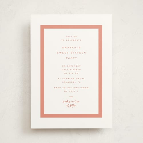 This is a coral sweet sixteen birthday party invitations with standard by Blustery August called marfa printing on signature in standard