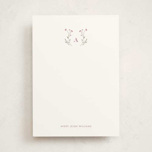 This is a lavender personalized stationery thank you cards with standard by Jennifer Postorino called baby blossoms printing on signature in 5x7