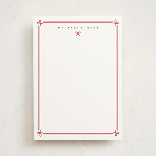 This is a red ribbon personalized stationery thank you cards with standard by Alston Foster called bow border printing on signature in 5x7