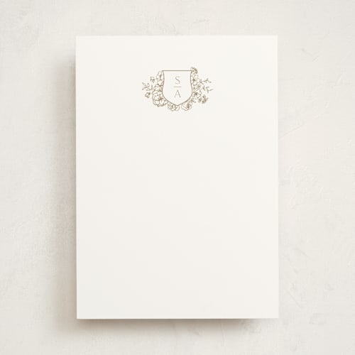 This is a champagne personalized stationery thank you cards with standard by Cass Loh called floral crest printing on signature in 5x7