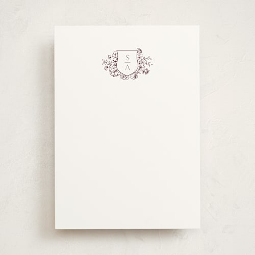This is a burgundy personalized stationery thank you cards with standard by Cass Loh called floral crest printing on signature in 5x7