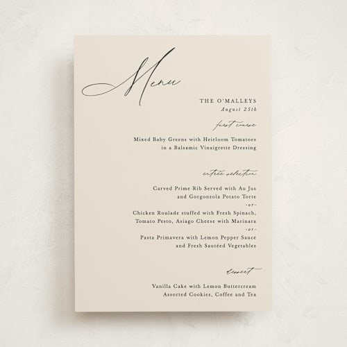 This is a ecru part menus with standard by Hooray Creative called scripted names printing on signature in standard